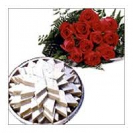 10 Red Roses Bunch With 250 Gms Of Kaju Katli Sweets